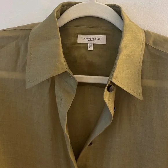 Lafayette 148 New York Ramie Tencel Button Down Shirt Olive Green Roll Tab Small - Picture 3 of 5